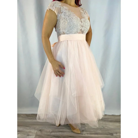NEW O'Blanc Pink Silver Lace Tulle Formal Midi Dress $1440 - Picture 6 of 14